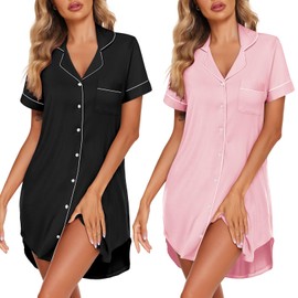 Ekouaer Nightgowns for Women 2 Pack Button Down Sleepwear Short Sleeve Sleepshirts Soft Nightshirts Boyfriend Pajama Dress,Black/Pink,M