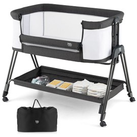 BABY JOY Bassinet Bedside Sleeper, Easy Folding Crib w/All-Side Mesh, Storage Shelf, 7 Adjustable Heights, Mattress & Travel Bag for Safe Co-Sleeping, Portable Bed for Newborn Infant -Black