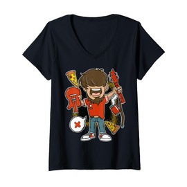 Womens X Cartoon Character With Guitar Fun Illustration For Kids V-Neck T-Shirt