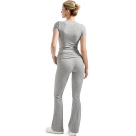 SUUKSESS Women 2 Piece Lounge Sets Going Out Y2K Foldover Pants Crew Neck Fitted Shirts Matching Pajamas (Light Grey, S)