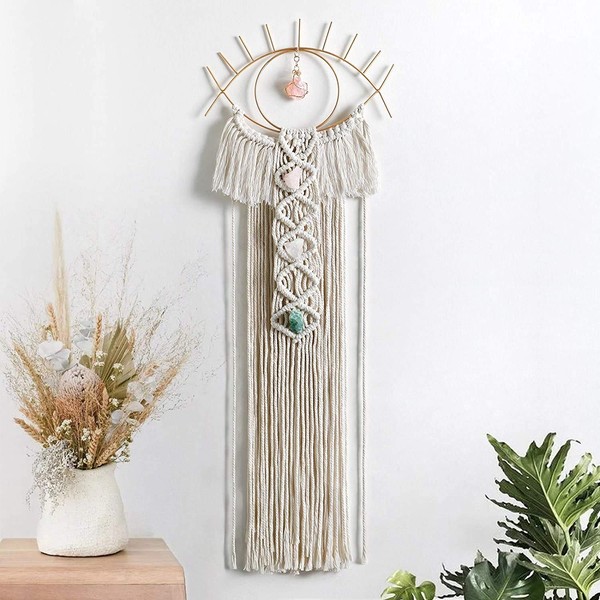 LOMOHOO Macrame Wall Hanging Eye Dream Catcher with Crystal Stone Pendant Boho Woven Macrame for Bedroom Home Decoration Bohemian Apartment Ornament Craft Gift