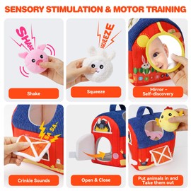 Soft Barn Baby Toys 6-12 Months with Stuffed Farm Animals, Rattle Squeaker Crinkle Sound & Mirror, Montessori Sensory Plush Infant Toy for 6 7 8 9 10 11 Month, 1 Year Old Baby Boy Girl Birthday Gifts