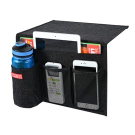 Zafit Linen 4 Pockets Bedside Caddy, Bedside Storage Organizer with Water Bottle Holder for Magazine, Remotes, Phone (Black)