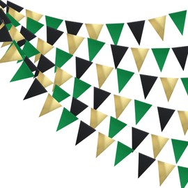 Guzon 3 Pack Green Gold Birthday Decorations Triangle Flag Paper Pennant Garland Bunting for Men Women Baby Shower Party Supplies