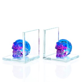 Book Ends for Shelves, Glass Bookends with Blue and Purple Crystal Skull, Day of The Dead Decor, Non Skid Sturdy Crystal Decorative Bookends for Heavy Books, Office, Set of 2