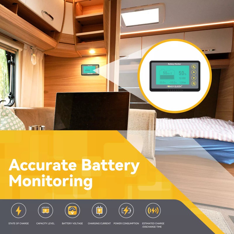 Power Queen 500A Battery Monitor with Shunt Capacity Display 8V-120V