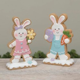 One Holiday Way Set of 2 5.5-Inch Pastel Easter Bunny Boy & Girl Cookie Figurines – Pink, Blue, Yellow, White Seasonal Spring Party Tabletop Decoration Gingerbread Baking Home Decor