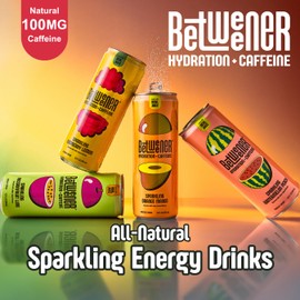 Betweener Sparkling Energy Seltzer, Sparkling Water w/Real Juice & 100mg Caffeine, Light & Refreshing, L-Theanine for Focus, Vitamins B+C - Low Sugar - 45 Cals - Variety Pack (12 Pack)