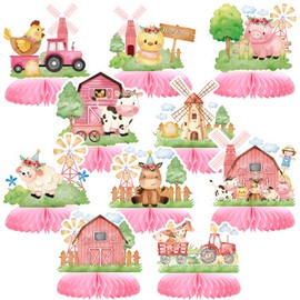 10 Pcs Pink Farm Animals Party Supplies Girl Pink Barnyard Birthday Party Decorations Farm Animal Honeycomb Centerpiece for Table Birthday Baby Shower Party Decorations