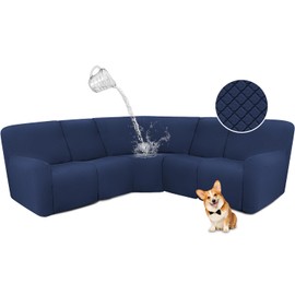 ALIECOM Waterproof Sectional Recliner Couch Covers for Reclining Sectional Stretch L Shaped Recliner Sofa Cover Washable Jacquard Corner Sofa Slipcovers Pet Dog Protector (5 Seat, Navy Blue)