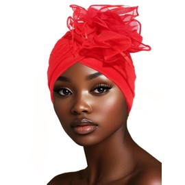 Wosois HeadWrap Hair Turbans African Turban Flower Pearl Crystal Twisted Head Turban for Women Fashion (Red)