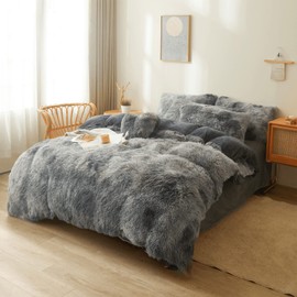 FOPPA Tie Dye Dark Gray Fuzzy Comforter Queen Size, Cozy Faux Fur 3pcs Set (1 Shaggy Comforter + 2 Fur Pillow Cases) Quilted Plush Bedding