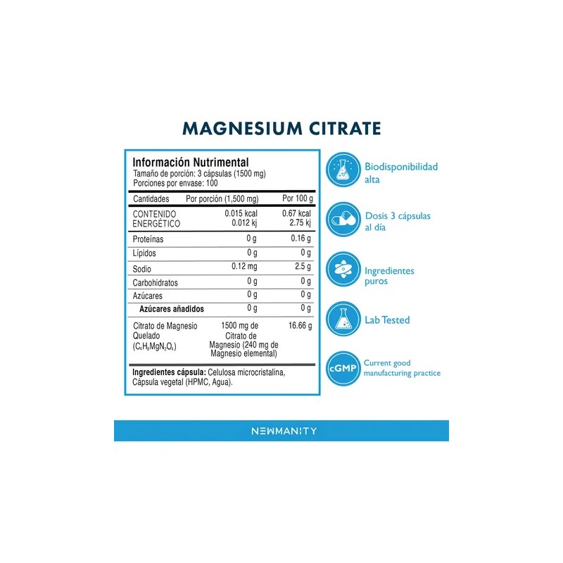 Magnesio Citrato Newmanity Cápsulas Energía Bienestar