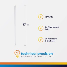 Technical Precision 12W T4 Fluorescent Light Bulbs 17 Inch Replacement for Furnlite TF416 F12T4 Fluorescent Light Bulb with G5 Mini 2-Pin Base - 4100K Cool White - 10000 Hours - 756 Lumens