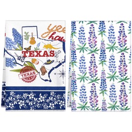 Sanixin 2 Pcs Texas Bluebonnets Kitchen Towels Texas Souvenirs Gifts Blue Red White Print Flower Tea Towel Sweet Hand Towels for Home Western Farmhouse Kitchen Bathroom Decor, 2 Styles
