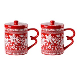 Porlien Snowflake Porcelain Red Mugs Set of 2, Ceramic Cups with Lids, Gifts for Mothers'Day