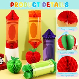 12 Pcs Crayon Hanging Honeycomb,Back to School Pencil Apples Colorful Ceiling Decorations,Paper Decor for First Day of School Party,Classroom Bulletin Board,Preschool,Office,Graduation,Birthday