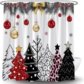 UPUMKSK Christmas Tree Shower Curtain Red Xmas Ball Xmas Pine Forest Farmhouse Winter Snowflakes New Year Holiday Bath Curtain with Hooks