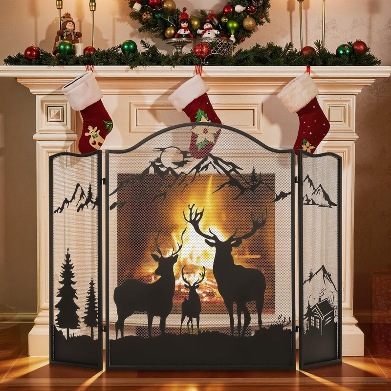 ‌POWLAB 50" X 36'' Fireplace Screen - 3-Panel Wrought Iron