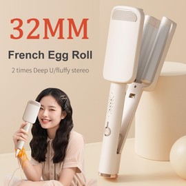 Waver Curling Iron Hair Crimper, Ionic Deep Waver Hair Curler Tool with Ceramic 3 Barrel, Fast Heating, Anti-Scald, Dual Voltage, 4 Temp Adjustable Curling Wand for Short and Long Hair (Beige)