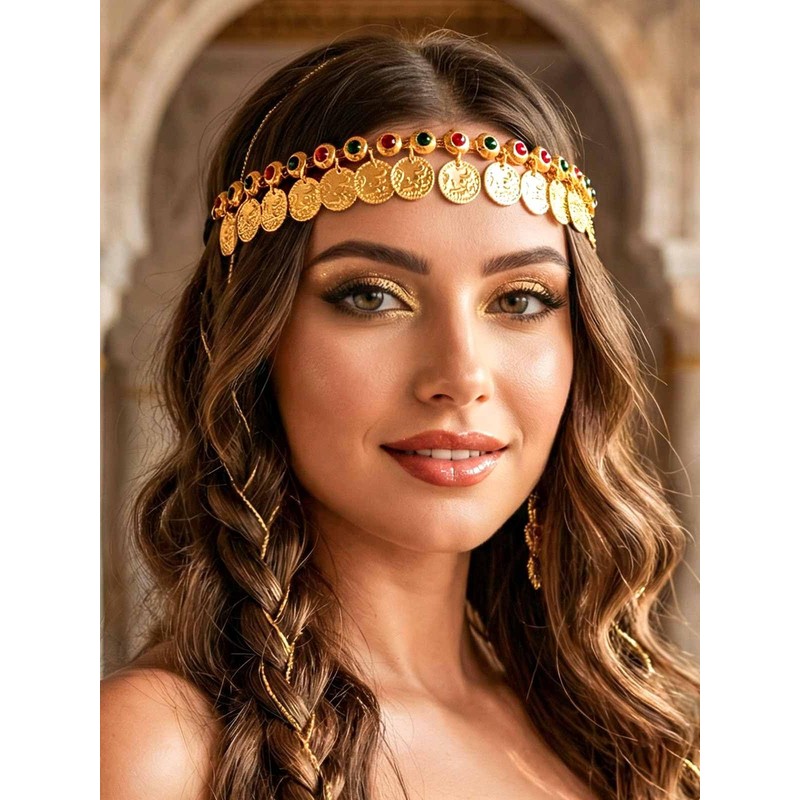 Yokawe Gold Coin Elastic Headbands Jewelry,Belly Dance Headpieces,Forehead Carnival Rave