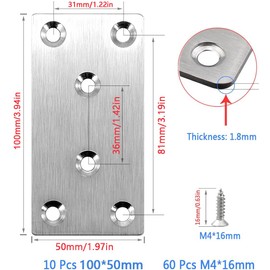 Lemiyoo 10 Sets Flat Brackets for Wood,Metal Mending Plates Heavy Duty with Screws, Stainless Steel Joining Plates for Sleepers Furniture Different Sizes Outdoor Connector (100*50mm)