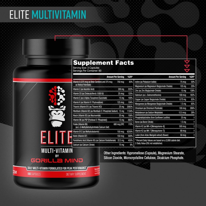 Gorilla Mind Elite Multi-Vitamin (180 Capsules) – Daily Multivitamin Formulated