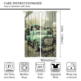 Vintage Car Curtains,Retro Rustic Truck Antique Teal Old Truck Curtains for Bedroom for Boys Girls Bedroom Noise Reducing Curtains, 2 Panels,42x63in