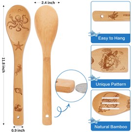 6 PCS Ocean Bamboo Cooking Spoon Set with Utensil Holder,Coastal Themed Kitchen Decor,Beach Accessories Gift for Women,Sea Turtle Lovers,Mother's Day,Housewarming,Birthday,Easter Gifts