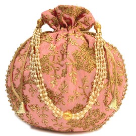 Truesellershop Indian Ethnic Designer Embroidered Silk Potli Bag Batwa Pearls Handle Purse Clutch Purse for Women (Baby Pink)