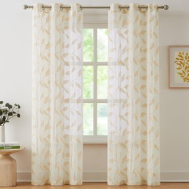 Bujasso Gold Linen Leaf Sheer Curtains 84 inch Embroidered Floral Farmhouse Light Filtering Window Panels Botanical Sheer Drapes for Living Room Bedroom Grommet Top 38" Wx84 Lx2
