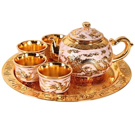 Chinese Gongfu Tea Set,Traditional Teapot Set Including 4 Metal Cups and Tea Tray,Craft Kettle Set for Table Decor (Gold and White)