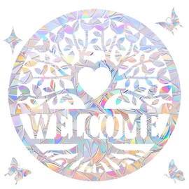 Welcome Family Tree Window Clings for Bird Strikes - Anti-Collision Window Decals to Save Birds from Window Collisions,Non Adhesive Prismatic Window Clings, Rainbow Suncatcher Stickers