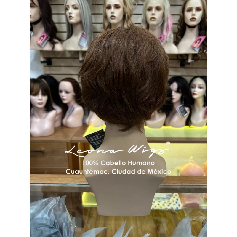 Leona Wigs Peluca Oncológica Corta Castaño 100% Cabello Humano