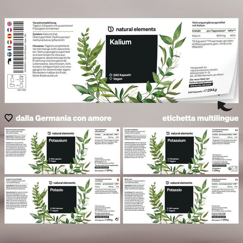 Potassio Integratore – 240 capsule vegane con 800mg di potassio