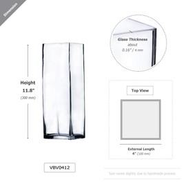 WGV Tall Square Vase Glass Block, Length 4", Height 12", Clear Bud Floral Container, Candle Holder, Planter Terrarium for Wedding Party Event, Home Office Decor, 1 Piece