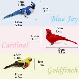 3pcs Clip On Artificial Birds Realistic Red Cardinal Blue Jay Birds Yellow Goldfinch Assorted Birds for Decoration and Crafts Christmas Tree Ornaments (Claw)
