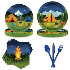 VENTASOL 68PCS Camping Party Cutlery |16 Guests, Including Paper Plates, Napkins, Knives, Forks and Spoons, Perfect for Camping Enthusiasts and BBQ Themed Parties