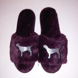 Victoria's Secret Victoria Secret PINK Slippers Small 5 / 6 Burgundy Silver Dog Logo Faux Fur New
