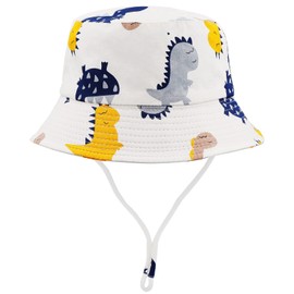 FenFang Children’s Sun Hat, Dinosaur Fishing Hat, Boys’/Girls’ Hat with Chin Strap, Bucket Hat, Beach Hat, for Spring, Summer, White Dinosaur
