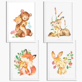 Sunnywall® Set of 4 Posters for Children's Room – A4 Pictures Baby Room Children's Poster Without Picture Frame – Decorative Girl Boy Forest Animals Bear Fox Bambi Deer Rabbit