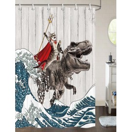 Funny Cat Shower Curtain, Cool Cat Dinosaur Japanese Ocean Wave Shower Curtain, Cat Riding Dinosaur Fun Shower Curtain Nautical Kids Children Rustic Wooden Farmhouse Shower Curtain, 36X72inch, Brown