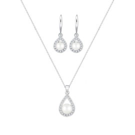 Elli Premium Jewellery Set Women's Teardrop Pendant Glamorous Elegant with Freshwater Pearls and Zirconia Crystals in 925 Sterling Silver, Facet cut, Cubic Zirconia