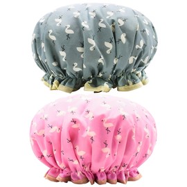 2Pcs Shower Cap, Double Layer Elastic Band Reusable Shower Caps for Women Uk, Waterproof Shower Caps with Ruffled Edge Covering Ears, Shower Cap for Women and Girls Spa Salon Home