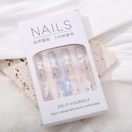 KTAABTR White French Tip Press on Nails Medium Square Fake Nails with nail Gems Design, Acrylic Nails False Nails Stick on Nails for Woman Girls Multicolor Diamond Design Nails Decoration Set 24Pcs