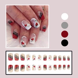 Heart Press on Nails 24Pcs Valentines Press on Nails Medium Square Fake Nails RIICFDD Nude False Nails White Glitter Lines Designs Full Cover Glue on Nails Glossy Stick on Nails for Women Girls