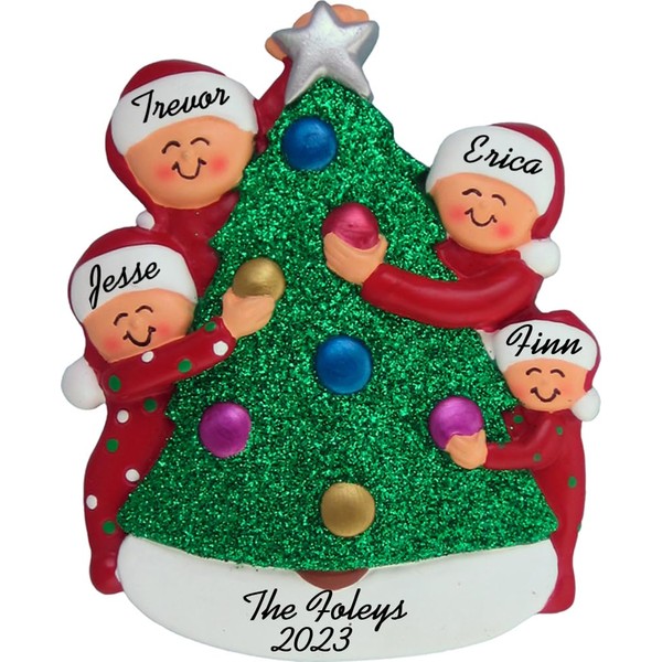 Family of 2-5 Decorating Their Christmas Tree - Personalized Christmas