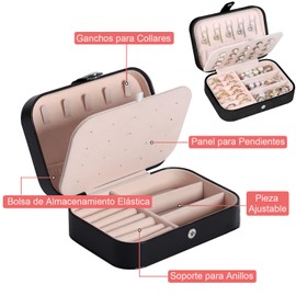 Caja Joyero Organizador | Organizador de Joyeria de Doble Capa, Alajeros Joyeria Mujer de Cuero, Alajeros Joyeria Viaje Portátil para Anillos, Aretes, Pendientes, Collares, Pulseras y Relojes (Negro)
