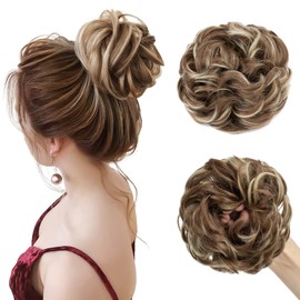 TESS Hairpiece with Elastic Band, 55 g, Curly Hair Scrunchie with Hair, Light Brown with Ash Blonde, Large Bun Hairpiece, Synthetic Hair Extension for Women and Girls