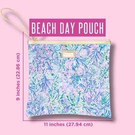 Lilly Pulitzer Water Resistant Vinyl Beach Day Pouch, Zipper Bag Includes Drink Hugger, Small Pouch, and Towel Clips, Soleil It On Me